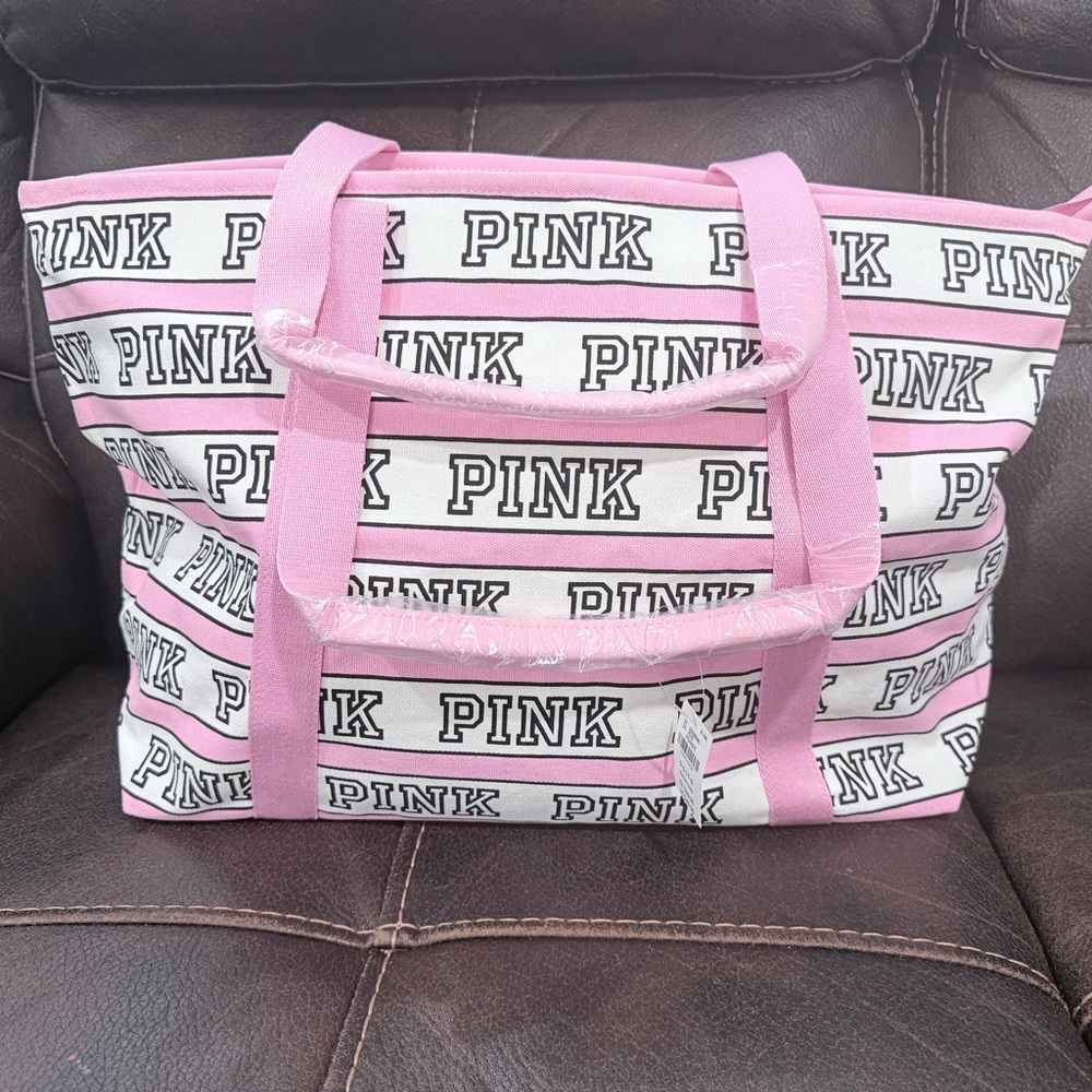 PINK Victoria's Secret Pink & White Logo Stripe Tote